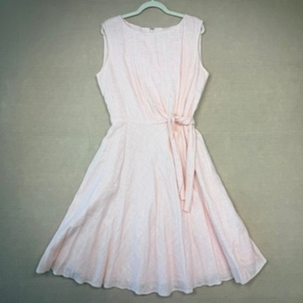 Tahari Pink Linen Blend Side Tie Fit & Flare Sleeveless Dress Size 14